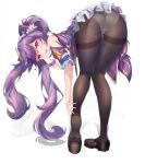  1girl ass bare_shoulders black_pantyhose blush detached_sleeves double_bun dress from_behind full_body genshin_impact hair_bun hair_ornament keqing_(genshin_impact) long_hair looking_at_viewer looking_back no_gloves open_mouth panties panties_under_pantyhose pantyhose purple_eyes purple_hair shoes smile solo thighband_pantyhose thighs twintails underwear white_background xianz 