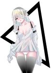  1girl absurdres bandage_over_one_eye binxiao black_thighhighs blush breasts cleavage covered_navel dress grey_dress grey_eyes grey_hair grey_sleeves highres long_hair medium_breasts messy_hair no.21:_xxi_(punishing:_gray_raven) no.21_(punishing:_gray_raven) open_mouth panties punishing:_gray_raven sleeves_past_fingers sleeves_past_wrists solo suspenders teeth thighhighs underwear unkempt upper_teeth_only white_panties 
