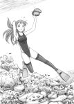  absurdres air_bubble armpits bubble collarbone dated flippers goggles highres holding holding_goggles long_hair looking_at_viewer monochrome one_eye_closed original rock saver_(artbysaver) signature swimsuit thighhighs underwater 