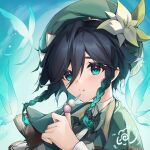  1boy aqua_eyes aqua_hair beret black_bow black_bowtie black_hair blue_background blue_butterfly blush bow bowtie braid bug butterfly butterfly_wings cape closed_mouth collared_cape collared_shirt commentary crystalfly_(genshin_impact) dango dated eating flower flying food gem genshin_impact gradient_background gradient_hair green_cape green_gemstone green_headwear hair_between_eyes hand_up hat hat_flower hat_ornament holding holding_food leaf leaf_hat_ornament long_sleeves looking_at_viewer male_focus multicolored_hair shirt short_hair simple_background smile solo striped striped_bow striped_bowtie symbol-only_commentary twin_braids user_sfnt4573 venti_(genshin_impact) wagashi white_background white_flower white_shirt wings 