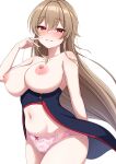  1girl absurdres ameato bangs bare_shoulders blush breasts brown_hair commentary furen_e_lustario grin hair_between_eyes highres large_breasts long_hair looking_at_viewer navel nijisanji nipples panties pink_panties red_eyes smile solo teeth underwear very_long_hair virtual_youtuber white_background 