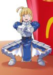  ahoge armor armored_boots armored_dress artoria_pendragon_(fate) balancing_sasuke blonde_hair blue_dress boots dress fate/stay_night fate_(series) figure food french_fries green_eyes highres mcdonald&#039;s meme saber sader squatting white_background yakuoyoso 