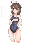  1girl ass_visible_through_thighs black_one-piece_swimsuit blue_eyes blush braid breasts brown_hair collarbone cowboy_shot hair_flaps hair_ornament hair_over_shoulder hair_ribbon highres kantai_collection long_hair no_chi_(aka_hara) one-piece_swimsuit ribbon shigure_(kancolle) shigure_kai_ni_(kancolle) simple_background single_braid small_breasts smile solo swimsuit twitter_username white_background 