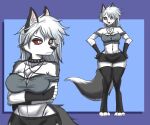  2023 6:5 absurd_res anthro arm_tuft arm_under_breasts black_nose bottomwear breasts canid canid_demon clothed clothing collar collarbone crop_top demon elbow_tuft eyebrows female fingerless_gloves fur gloves grey_body grey_fur hair hand_on_hip handwear hellhound helluva_boss hi_res inner_ear_fluff looking_at_viewer loona_(helluva_boss) mammal midriff off_shoulder red_sclera saikyoryuuougi shirt shorts shoulder_tuft solo spiked_collar spikes thong_straps topwear tuft white_body white_fur 