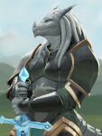  anthro armor biped dragon facial_horn fantasy_weapon grey_body grey_scales holding_object holding_sword holding_weapon horn male melee_weapon nose_horn scales scalie shintori solo sword weapon 