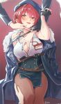  1girl artist_request beret blush breasts hat heterochromia highres hololive houshou_marine houshou_marine_(6th_costume) id_card large_breasts looking_at_viewer pantyhose partially_unbuttoned red_hair shirt short_hair sleeveless sleeveless_shirt virtual_youtuber 