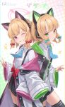  2girls ;d absurdres animal_ear_headphones animal_ears aqua_necktie arm_hug black_skirt black_thighhighs blonde_hair blue_archive blush bow cat_ears fake_animal_ears green_eyes grin hair_bow halo headphones highres jacket jacket_partially_removed light_smile logo looking_at_viewer mansu_(user_pnmp4287) midori_(blue_archive) momoi_(blue_archive) multiple_girls necktie one_eye_closed red_eyes school_uniform shirt siblings sisters skirt smile sparkle thighhighs twins two-sided_fabric two-sided_jacket v white_shirt zettai_ryouiki 