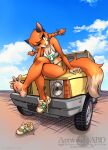  abluedeer anthro breasts canid canine car cleavage clothed clothing dipstick_tail female footwear fox fur green_eyes hair hi_res mammal markings midriff navel one_eye_closed orange_body orange_fur orange_hair outside patricia_mac_sionnach shirt shoes solo tail tail_markings tank_top tongue tongue_out topwear vehicle 