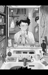  2boys ^_^ aged_down alarm_clock bath_brush bathroom blurry brothers cable clock closed_eyes collared_shirt comb cup depth_of_field dress_shirt facing_viewer faucet greyscale hands_up highres kazama_shin_(world_trigger) kazama_souya kzmsnmjkk letterboxed long_sleeves looking_to_the_side male_focus mirror monochrome multiple_boys out_of_frame plug rag razor reflection reflection_focus shampoo_bottle shelf shirt siblings sink soap solo_focus spiked_hair spray_can sticker tile_wall tiles toothbrush toothpaste tying_necktie world_trigger 