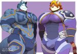  abs anthro ball_bulge blonde_hair blue_body blue_fur breke bulge canid canine canis duo felid fur genital_outline hair hi_res lifewonders male mammal nomad_(tas) orange_body orange_fur orange_hair pantherine pecs penis_outline skintight_suit smile standing takezamurai tan_body tan_fur tiger tokyo_afterschool_summoners white_body white_fur wolf 