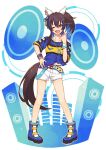  1girl animal_ears bare_shoulders belt blue_footwear blue_hair blue_shirt boots bracelet breasts brown_hair clenched_hand clothing_cutout colored_inner_hair cutoffs daitaku_helios_(umamusume) ear_covers fang full_body hair_ornament hairclip hand_on_own_hip hand_up highres horse_ears horse_girl horse_tail jewelry long_hair looking_at_viewer multicolored_hair necklace nm222hz off-shoulder_shirt off_shoulder open_mouth shirt short_sleeves shorts side_ponytail skin_fang small_breasts smile solo speaker standing streaked_hair tail tied_shirt twitter_username umamusume watermark white_shorts wristband yellow_eyes 