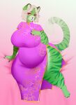  abstract_background anthro asian_clothing bed belly big_belly big_breasts big_butt breasts breed butt chatski chinese_clothing chinese_dress chubby_anthro chubby_belly chubby_female clothed clothing dress east_asian_clothing eye_contact eyebrows eyelashes felid female fur fur_markings furniture green_body green_fur hand_on_breast hi_res huge_breasts huge_butt huge_hips huge_thighs inner_ear_fluff long_dress looking_at_another looking_at_viewer looking_pleasured mammal markings mature_female navel obese on_bed overweight pantherine pink_background pink_clothing pink_dress pose pregnant pregnant_anthro pregnant_female red_sclera simple_background sitting sitting_on_bed solo striped_body striped_fur stripes tail thick_thighs tiger tuft wide_hips 