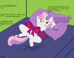  anthro bed bedroom bedroom_eyes big_macintosh_(mlp) bow_ribbon comic comic_panel dialogue english_text equid equine female friendship_is_magic furniture genitals hasbro hi_res horn horse mammal my_little_pony name_in_dialogue narrowed_eyes nude pony pussy seductive solo text tolpain unicorn young 