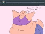  2018 5_fingers anthro ask_blog batspid2 belly big_belly big_breasts bottomwear breasts clothing crop_top cutoffs denim denim_clothing dialogue digital_drawing_(artwork) digital_media_(artwork) english_text exclamation eyebrows eyelashes eyes_closed female fingers flabby_arms flat_colors frill_(anatomy) happy head_crest head_frill juna_(batspid2) lizard membrane_(anatomy) membranous_frill morbidly_obese morbidly_obese_anthro morbidly_obese_female navel obese obese_anthro obese_female open_mouth overweight overweight_anthro overweight_female pink_body pink_skin reptile scalie shirt shorts simple_background smile solo tail text topwear 