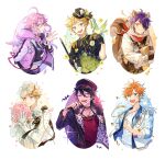  1other 5boys acorn ahoge akehoshi_subaru animal_ears bat_(animal) belt bird black_gloves black_hair black_nails blonde_hair blue_eyes bouquet buttons candy card choker closed_mouth commentary ensemble_stars! epaulettes flower food gloves green_eyes hair_between_eyes hair_over_one_eye harukawa_sora hat himemiya_tori holding holding_bouquet holding_candy holding_food holding_lollipop holding_microphone hood hood_down jacket leaf lollipop long_sleeves medium_hair microphone midriff multicolored_hair multiple_boys narukami_arashi open_clothes open_jacket open_mouth orange_eyes orange_hair petals pink_hair purple_belt purple_eyes purple_hair red_eyes rose sakuma_rei_(ensemble_stars!) sengoku_shinobu seuga shirt short_hair sidelocks sleeves_past_elbows squirrel_ears squirrel_tail streaked_hair tail teeth upper_body upper_teeth_only white_background white_flower white_gloves white_rose white_shirt 