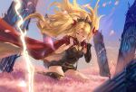  1girl absurdres asymmetrical_legwear asymmetrical_sleeves black_leotard black_nails blonde_hair cape chiaspicy closed_mouth commentary_request earrings ereshkigal_(fate) fate/grand_order fate_(series) floating_hair gold_trim hair_ribbon half-closed_eyes highres jewelry leotard mixed-language_commentary parted_bangs petals red_cape red_ribbon ribbon seiza single_sleeve single_thighhigh sitting solo spine thighhighs tiara two-tone_cape two_side_up yellow_cape 