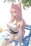  1girl absurdres animal_ears aoi_tooru arknights bare_shoulders black_choker book breasts chair choker cleavage closed_mouth cup dress drinking_glass highres holding holding_cup large_breasts long_hair long_sleeves off-shoulder_dress off_shoulder open_book pink_eyes pink_hair pozyomka_(arknights) sitting smile solo very_long_hair white_dress wolf_ears 