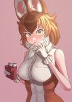  1girl animal_ears bare_shoulders blush bow breasts brown_hair dhole_(kemono_friends) dog_ears dog_girl dog_tail extra_ears falr_illust food food_in_mouth gloves highres holding holding_food holding_pocky kemono_friends kemono_friends_3 large_breasts looking_at_viewer multicolored_hair pocky pocky_in_mouth shirt short_hair sleeveless solo tail two-tone_hair white_hair 