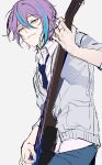  1boy blue_hair blue_necktie cardigan collared_shirt commentary cowboy_shot electric_guitar grey_background grey_cardigan guitar hair_between_eyes highres holding holding_instrument instrument iwatnc kamishiro_rui kamiyama_high_school_uniform_(project_sekai) long_sleeves male_focus multicolored_hair necktie open_collar project_sekai purple_hair school_uniform shirt short_hair simple_background smile solo streaked_hair teeth two-tone_hair yellow_eyes 