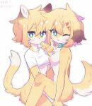  accessory anthro blonde_hair blue_eyes blush canid canine clothing collar duality duo felid feline female female/female floppy_ears fur hair hair_accessory hairclips_oc_(crayon) hi_res jewelry lop_ears mammal necklace nipples pink_nipples smile sulitier1 white_body yellow_body yellow_fur 