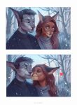  2019 anthro black_clothing black_hair black_jacket black_topwear blue_eyes brown_body brown_fur brown_hair clothed clothing comic dated duo eyes_closed felid female fur glistening glistening_eyes grey_body grey_clothing grey_eyes grey_fur grey_topwear hair hi_res jacket kissing long_hair male mammal marie_merkh mouth_closed narrowed_eyes one_page_comic outside plant smile snow snowing topwear tree whiskers 