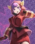  1girl absurdres blush breasts clenched_hand courtney_(pokemon) cowboy_shot dress gloves highres hood hood_up horned_hood horns large_breasts long_sleeves looking_at_viewer patterned_background pokemon pokemon_(game) pokemon_oras purple_background purple_eyes purple_hair red_dress red_gloves short_hair solo sweater sweater_dress swept_bangs xin_lan_deng 