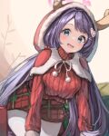  1girl absurdres blue_archive blue_eyes blush breasts fake_antlers fang fur-trimmed_hood fur-trimmed_sleeves fur_trim gloves hair_intakes hair_ornament hairclip halo hanae_(blue_archive) hanae_(christmas)_(blue_archive) heart heart_hair_ornament highres hood hood_up large_breasts long_hair low_twintails mistletoe_hair_ornament official_alternate_costume open_mouth pantyhose plaid plaid_skirt purple_hair red_gloves red_shirt red_skirt ribbed_shirt shirt simple_background skirt smile solo teruriu twintails very_long_hair white_background white_pantyhose 
