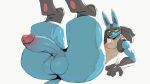  anthro balls blue_body darkluxia generation_4_pokemon genitals legs_up lucario male nintendo penis pokemon pokemon_(species) red_eyes simple_background solo 