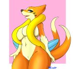  2020 2_tails 9air absurd_res anthro big_breasts biped blue_eyes breasts brown_nose female fingers floatzel fur generation_4_pokemon hi_res looking_at_viewer looking_down multi_tail navel nintendo open_mouth orange_body orange_fur orange_tail pink_background pokemon pokemon_(species) simple_background solo standing tail teeth tongue white_background 