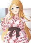  1girl binsen blonde_hair blue_eyes blurry blurry_background blush breasts brown_hair dot_nose floral_print flying_sweatdrops hand_up highres idolmaster idolmaster_million_live! idolmaster_million_live!_theater_days japanese_clothes kimono large_breasts long_hair looking_at_viewer obi open_mouth red_kimono sash shinomiya_karen shy smile solo wince yukata 