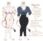  5_fingers absurd_res anthro areola big_breasts biped blonde_hair blush blush_lines breasts claws clothed clothing dipstick_tail english_text felid female fingers genitals hair hi_res magnolia_pucci mammal markings muscular muscular_anthro muscular_female nipples nude pantherine plna pussy solo tail tail_markings text tiger 