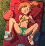  1girl :d absurdres bag breasts clothes_lift commentary_request eyelashes from_above full_body grass green_eyes green_shorts highres leg_hold lifted_by_self looking_at_viewer lying miraa_(chikurin) misty_(pokemon) navel nipples on_back one_side_up open_mouth orange_hair outdoors pokemon pokemon_(anime) pokemon_(classic_anime) red_footwear shirt shirt_lift shoes short_hair short_shorts shorts sleeveless sleeveless_shirt smile sneakers solo spread_legs suspenders yellow_shirt 