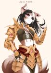  anthro armor black_hair brown_body brown_fur canid canine canis claws clothing domestic_dog female floppy_ears fluffy fluffy_tail fur gem gold_(metal) gold_armor hair hi_res khaki_clothing knight liloli_(artist) lop_ears mammal red_eyes ribbons ruby_(gem) shoulder_pads solo spikes tail tan_body tan_fur tape warrior white_body white_fur white_hair 