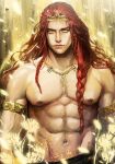  1boy abs armlet bare_arms bare_pectorals bare_shoulders black_skirt bracelet braid crown elden_ring flower glowing_flower gold_bracelet gold_necklace highres jewelry long_hair looking_at_viewer male_focus multiple_braids muscular muscular_male necklace nipples pectorals radagon_of_the_golden_order red_hair skirt topless_male tumitumico yellow_background yellow_eyes 