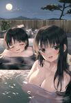  2girls absurdres bare_shoulders bath bathing black_eyes black_hair blush breast_rest breasts bush choppy_bangs cleavage closed_eyes cloud collarbone commentary dot_nose fence highres kanzi large_breasts long_bangs long_hair looking_at_viewer mole mole_on_breast moon mountainous_horizon multiple_girls naked_towel night night_sky onsen original partially_submerged raised_eyebrows resting rock sidelocks sky steam sweat symbol-only_commentary towel tree upper_body water wet wooden_fence 