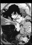  2boys bags_under_eyes black_hair blood blood_on_clothes boku_no_hero_academia clenched_teeth closed_mouth eraser_head_(boku_no_hero_academia) fingernails furrowed_brow grabbing_own_arm hair_between_eyes holding holding_clothes holding_scarf hug injury long_hair long_scarf male_focus monochrome multiple_boys popo_take scar scar_on_face scarf school_uniform shinsou_hitoshi short_hair sitting sparse_stubble sweatdrop teeth twitter_username yaoi 