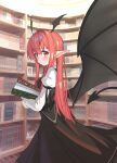  1girl :/ absurdres bat_wings black_armband black_skirt black_vest black_wings blush book book_stack bookshelf breasts collared_shirt commentary_request cowboy_shot demon_tail dress_shirt ear_blush from_side hair_between_eyes head_wings highres holding holding_book juliet_sleeves koakuma large_wings library long_hair long_sleeves looking_at_viewer looking_to_the_side necktie no_nose pointy_ears puffy_sleeves red_eyes red_hair red_necktie shirt skirt skirt_set small_breasts solo tail touhou vest voile white_shirt wings wuzeiiezuw 