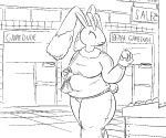  3_fingers aliasing anthro apple belly black_and_white bottomwear breasts clothing detailed_background door english_text eyelashes eyes_closed female fingers floppy_ears food fruit generation_4_pokemon holding_apple holding_food holding_fruit holding_object long_ears lopunny mall mature_female medium_breasts monochrome navel_outline nintendo overweight overweight_anthro overweight_female pants plant pokemon pokemon_(species) pokemorph purse scut_tail shopping short_tail sign solo sweater tail text thatoneaceguy thick_thighs three-quarter_view topwear walking 