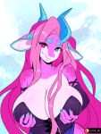  anthro big_breasts blue_eyes breasts cleavage clothed clothing collarbone dragon female hair heterochromia hi_res horn lips long_hair looking_at_viewer mouth_closed pink_eyes pink_hair smile solo thick_lips ziffir 