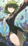  1girl aura black_dress curly_hair day dress flipped_hair floating floating_object floating_rock green_eyes green_hair highres levitation light_frown m.q_(mqkyrie) medium_hair one-punch_man outdoors outstretched_arms psychic side_slit sky solo tatsumaki telekinesis thick_thighs thighs torn_clothes 