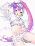  1girl absurdres bat_wings belt breasts cleavage gloves goggles goggles_on_head green_eyes grey_background highres hololive jacket long_hair long_sleeves looking_at_viewer multicolored_hair open_mouth pink_hair purple_gloves purple_hair runlan_0329 simple_background solo teeth thigh_belt thigh_strap thighs tokoyami_towa two-tone_hair very_long_hair white_jacket wings 