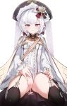  1girl absurdres ass_visible_through_thighs azur_lane black_thighhighs bow breasts buttons censored coat commentary_request covered_navel cross cross_fitchy cross_hair_ornament cross_patty cum cum_in_pussy cumdrip double-breasted flandre_(azur_lane) garter_straps grey_eyes hair_bow hair_ornament hand_on_own_crotch hand_on_own_thigh hat highres latin_cross leotard long_sleeves looking_at_viewer mizuhashi_parusui mosaic_censoring pussy simple_background sitting sleeves_past_wrists small_breasts solo spread_legs thick_thighs thighhighs thighs white_background white_coat white_hair white_leotard 