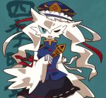  asgr_pww black_skirt blue_eyes blue_headwear blush fang frilled_hat frills green_hair hat holding one_eye_closed open_mouth pokemon reshiram ribbon rod_of_remorse shiki_eiki shirt skirt touhou 