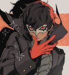  1boy amamiya_ren black_coat black_hair blood blood_on_face closed_mouth coat eye_mask gloves hair_between_eyes high_collar highres long_sleeves looking_at_viewer male_focus mask neekosiah open_clothes open_coat persona persona_5 red_eyes red_gloves shadow simple_background solo upper_body white_mask 