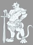  abs absurd_res anthro armor barbarian cheek_tuft didelphid eye_scar facial_scar facial_tuft fangs fantasy grey_background greyscale headgear helmet hi_res holding_armor holding_headgear holding_helmet holding_object hugo_(lexithotter) longsword male mammal marsupial medieval medieval_clothing melee_weapon monochrome muscle_tone muscular muscular_anthro muscular_male pecs scar simple_background solo studded_anklet sword teeth tuft valcanicwitch weapon 