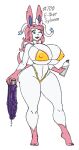  animal_humanoid anthro big_breasts bikini breasts cleavage clothed clothing curvaceous curvy_figure digital_media_(artwork) dildo eeveelution feet female fur generation_6_pokemon hair huge_breasts humanoid looking_at_viewer lube_bottle lurker_bot mammal navel nintendo open_mouth pokemon pokemon_(species) purple_dildo sex_toy simple_background smile solo standing swimwear sylveon tail text thick_thighs topwear voluptuous white_background white_body wide_hips 