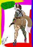  anthro bethesda_softworks big_butt butt camo camo_clothing camo_print canid canine clothed clothing english_text fallout female footwear fox furlyfe_redux gun handgun hi_res high_heels huge_butt looking_at_viewer looking_back mammal partially_clothed pattern_clothing pip-boy pistol platform_footwear platform_heels ranged_weapon solo text thick_thighs weapon 