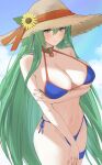  1girl bare_shoulders bikini blue_bikini blue_eyes blue_sky blush breasts cleavage collarbone cowboy_shot fire_emblem fire_emblem:_path_of_radiance fire_emblem:_radiant_dawn flower green_hair halterneck hat hat_flower highres huge_breasts long_hair looking_at_viewer navel nephenee_(fire_emblem) oyatsu_0 side-tie_bikini_bottom sky solo straw_hat sun_hat swimsuit thigh_strap very_long_hair 