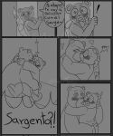  2023 achuchones_(unicorn_wars) anthro axismarcy bear blush bow_tie clothing comic dialogue embrace exclamation_point eyes_closed eyewear glasses group hi_res hug humanoid_hands kissing male mammal padre_(unicorn_wars) sargento_caricias shirt spanish_text surprise text topwear unicorn_wars 