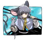  1girl ? animal animal_ears animal_on_arm antenna_hair bangs capelet closed_mouth commentary_request dowsing_rod grey_hair grey_shirt highres holding jewelry long_sleeves looking_to_the_side mc_pyth mouse mouse_ears mouse_tail nazrin necklace notice_lines open_mouth red_eyes shirt short_hair smile solo tail touhou twitter_username 